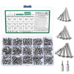 400 Pcs M3 M3.5 M4 Stainless Steel Self Tapping Screws, Flat Head Hex Socket Cap Head Screws, Countersunk Wood Screws Assortment Kit, Assorted Screws Set, Self-Tapping Screws, with 2 Bits