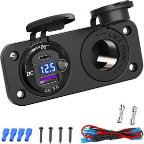Cigarette Lighter Socket Qidoe 12V Splitter Panel 78W 12V USB Outlet Dual USB C PD&QC3.0 Car Charger Socket ON/Off Switch Waterproof 300W Power Cigarette USB Adapter for Car Marine RV