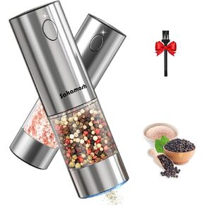 Electric Salt and Pepper Grinder Set, Rechargeable with Charging Base,Adjustable Coarseness with LED Light, Stainless Steel Automatic Pepper and Salt Mill Refillable(2 Packs)