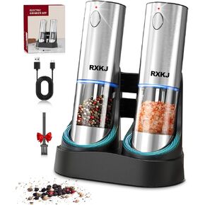 Electric Salt and Pepper Grinder Set, Stainless Steel Automatic Pepper Grinder with pgraded Charge Base and LED Light, Adjustable Coarseness, Rechargeable Sea Salt Spice Mill Set, Ideal for Kitchen