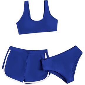 SOLY HUX Girl's 3 Piece Swimsuits Beach Sport Quick Dry Swimwear Bikini Bathing Suit with Shorts Plain Royal Blue 140