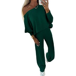 PRETTYGARDEN Womens Fall Fashion 2024 Two Piece Outfits Ribbed Long Sleeve Off Shoulder Tops and Wide Leg Pants with Pockets