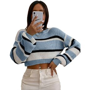 ZAFUL Women's Color Block Striped Sweater Crew Neck Lantern Sleeve Cropped Sweaters Casual Loose Knitted Tops in Kuwait