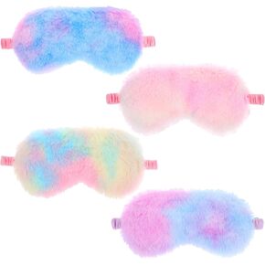 4pcs Girls Sleep Mask,Kids Eye Mask for Sleeping,Comfortable Sleep Mask Plush Blindfold Satin Back Rainbow Faux Fur Sleep Mask for Kids Women Men Travel Nap Colorful