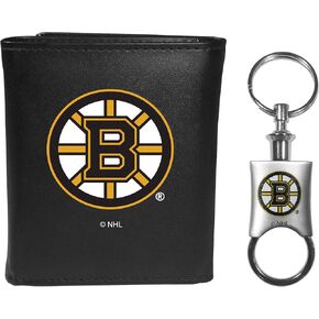 Siskiyou Sports NHL Boston Bruins Leather Tri-fold Wallet & Valet Key Chain, Black, One Size