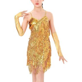 Happy Cherry Kids Sequin Fringe Dress Sparkling Tassel Latin Dance Dress with Gloves Jazz Tango 1920s for Gilrs 5-13Years