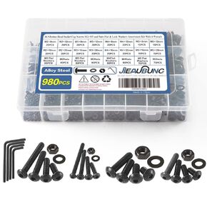 980PCS M2 M3 M4 M5 x 8/12/16/20mm Metric Button Head Socket Cap Screws Bolts and Nuts & Flat Washers Assortment Kit，10.9 Grade Alloy Steel，Black Oxide Finish，Fully Threaded，with 4 Wrench