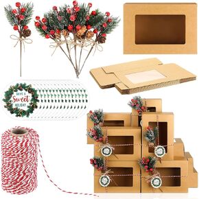 Shihanee 37 Pcs Christmas Cookie Boxes with Window Kraft Pastry Box with Artificial Pine Picks Gift Tags and Cotton Twine DIY Decorative Containers for Pastries, Cookies Gift-Giving Supplies(Rustic)