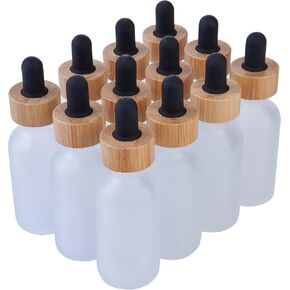 12 Pack Clear Frosted Boston Round Essential Oils Aromatherapy Glass Bottles Jar With Black Bamboo Eye dropper cap, 1oz