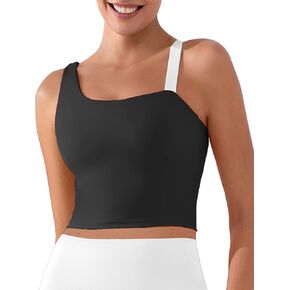 XUNYU Longline Sports Bras for Women One Shoulder Workout Tank Tops Built in Bra Open Back Yoga Crop Top Athletic Shirt Gym