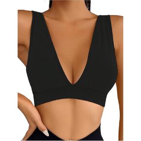 OYOANGLE Women's Deep V Neck Sports Bra Seamless High Support Workout Bras Low Back Fitness Yoga Bra