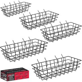 5-Piece Pegboard Baskets Set - Heavy Duty Peg Board Organizer Accessories Bin Set, Premium Black Metal Wire Baskets Tool Shelves, Wall Mount Storage for Garage Workshop Craft Room