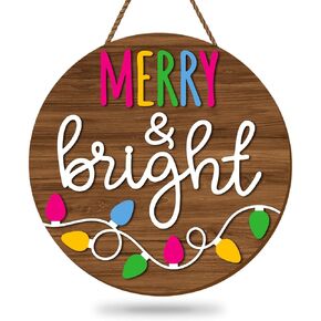 Christmas Welcome Sign Merry and Bright Wooden Hanging Sign Xmas String Lights Door Sign for Holiday Party Indoor Outdoor Porch Wall Front Door Decor