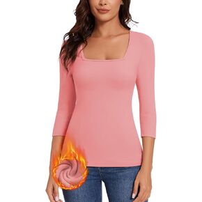 WOWENY Women Thermal 3/4 Sleeve Shirt Fleece Lined Tight Undershirts Basic Fitted Tops Square Neck Winter Base Layer