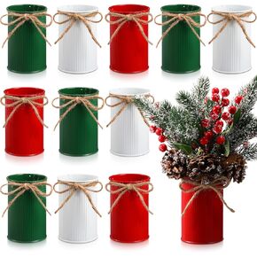 Domensi 12 Pcs 4.33 Inch High Farmhouse Vase Decor Vintage Flower Vase with Twine Bow Rustic Galvanized Metal Vases for Artificial Flowers for Table Centerpiece Weddings Home (Gold)