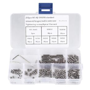 212Pcs Allen Head Socket Set Screw, 304 Stainless Steel M3 x 3mm M3 x 4mm M3 x 5mm M3 x 6mm M3 x 8mm M3 x 10mm M3 x 12mm Internal Hex Drive Grub Screw