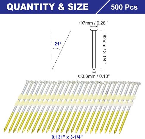uxcell 500Pcs 21 Degree 0.131" x 3-1/4" Framing Nails, Galvanized Carbon Steel Plastic Collated Nails for Furniture/Constructions, Color Zinc in Saudi Arabia