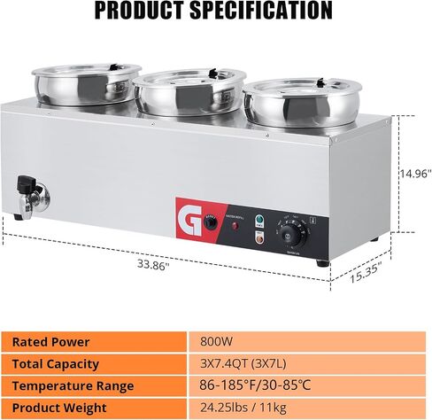 Commercial Soup Warmer - 3X7.4QT Stainless Steel Buffet Bain Marie, 86-185℉ Adjustable Temp Round Pot, with Anti-Dry Burn and Reset Button, 800W Electric Food Warmer in Saudi Arabia