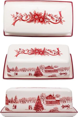 Bico Toile De Jouy Winter Wonderland Ceramic Butter Dish with Lid, Butter Keeper for Counter, Kitchen, Dishwasher Safe in Kuwait