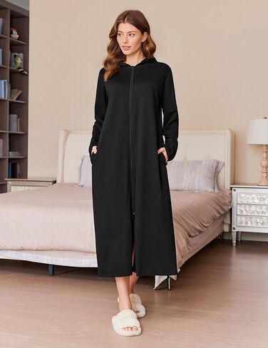 رداء Ekouaer للنساء بسحاب رداء للاسترخاء بطول كامل وجيوب ملابس نوم رداء منزلي كاجوال مستقيم in Kuwait