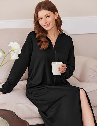 رداء Ekouaer للنساء بسحاب رداء للاسترخاء بطول كامل وجيوب ملابس نوم رداء منزلي كاجوال مستقيم in Kuwait