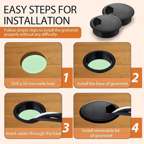 6 Pcs Desk Cord Hole Cover - 2 Inch Black ABS Plastic Desk Grommet - Cable Cord Organizer for Office and Home - Desk Hole Cover for Neat and Tidy Workspace in Saudi Arabia