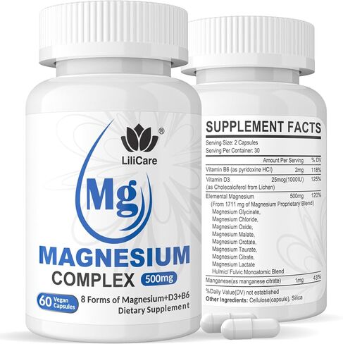 مكملات المغنيسيوم 8 أشكال، 500 مجم مركب مغنيسيوم كامل، جليسينات المغنيسيوم، مالات، سيترات وD3، B6، مغنيسيوم عالي الامتصاص للهدوء والنوم والمزاج والعضلات الصحية، عبوتان in Kuwait