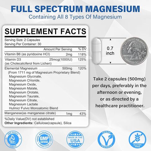 مكملات المغنيسيوم 8 أشكال، 500 مجم مركب مغنيسيوم كامل، جليسينات المغنيسيوم، مالات، سيترات وD3، B6، مغنيسيوم عالي الامتصاص للهدوء والنوم والمزاج والعضلات الصحية، عبوتان in Kuwait
