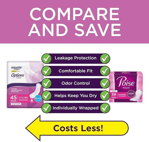 Equate Options Women's Bladder Control Pads, Unscented, Maximum Absorbency, Long Length (45 Count), White in Saudi Arabia
