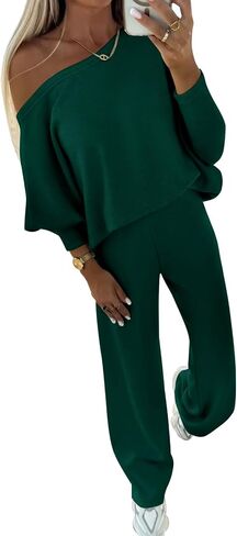 PRETTYGARDEN Womens Fall Fashion 2024 Two Piece Outfits Ribbed Long Sleeve Off Shoulder Tops and Wide Leg Pants with Pockets in Saudi Arabia