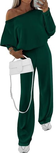 PRETTYGARDEN Womens Fall Fashion 2024 Two Piece Outfits Ribbed Long Sleeve Off Shoulder Tops and Wide Leg Pants with Pockets in Saudi Arabia
