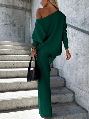 PRETTYGARDEN Womens Fall Fashion 2024 Two Piece Outfits Ribbed Long Sleeve Off Shoulder Tops and Wide Leg Pants with Pockets in Saudi Arabia