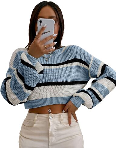 ZAFUL المرأة كتلة اللون سترة مخططة طاقم الرقبة فانوس كم اقتصاص البلوزات عادية فضفاض محبوك القمم in Kuwait