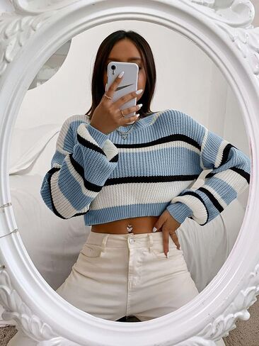 ZAFUL المرأة كتلة اللون سترة مخططة طاقم الرقبة فانوس كم اقتصاص البلوزات عادية فضفاض محبوك القمم in Kuwait