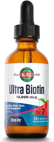 مكمل KAL Ultra Biotin DropIns 10,000 ميكروغرام | تركيبة صحية لنمو الشعر | صحة الجلد ودعم الأظافر القوية | نكهة التوت المختلطة الطبيعية | 2 أونصة | عبوة من 2 in Kuwait