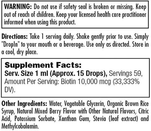 مكمل KAL Ultra Biotin DropIns 10,000 ميكروغرام | تركيبة صحية لنمو الشعر | صحة الجلد ودعم الأظافر القوية | نكهة التوت المختلطة الطبيعية | 2 أونصة | عبوة من 2 in Kuwait