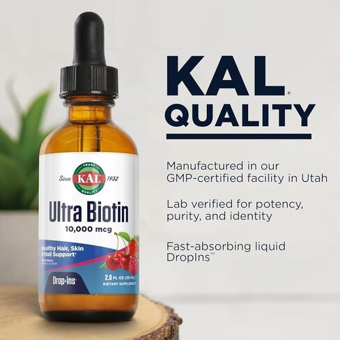 مكمل KAL Ultra Biotin DropIns 10,000 ميكروغرام | تركيبة صحية لنمو الشعر | صحة الجلد ودعم الأظافر القوية | نكهة التوت المختلطة الطبيعية | 2 أونصة | عبوة من 2 in Kuwait