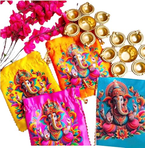 عبوة من 5 قطع من Pichwai Potlis مطبوعة من Ganesha مع وعاء Diya Urli الذهبي (7.5 بوصة) | هدايا العودة الهندية | ثامبولام هالدي كومكوم هدية العودة | هدايا ديوالي | هدايا حفل الزفاف لبيت جديد in Saudi Arabia