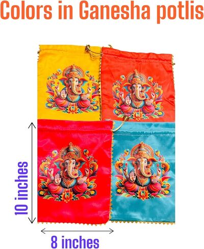 عبوة من 5 قطع من Pichwai Potlis مطبوعة من Ganesha مع وعاء Diya Urli الذهبي (7.5 بوصة) | هدايا العودة الهندية | ثامبولام هالدي كومكوم هدية العودة | هدايا ديوالي | هدايا حفل الزفاف لبيت جديد in Saudi Arabia