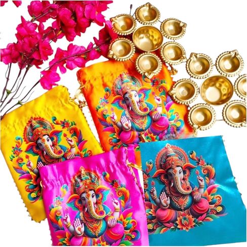 عبوة من 5 قطع من Pichwai Potlis مطبوعة من Ganesha مع وعاء Diya Urli الذهبي (7.5 بوصة) | هدايا العودة الهندية | ثامبولام هالدي كومكوم هدية العودة | هدايا ديوالي | هدايا حفل الزفاف لبيت جديد in Saudi Arabia