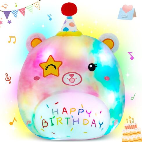 Athoinsu 16" Happy Birthday Bear Plush Pillow Cute Rainbow Stuffed Animal Soft Kawaii Birthday Plushie Star Wink Funny Pillows Home Room Decoration Gifts for Toddlers Kids Girls in Saudi Arabia