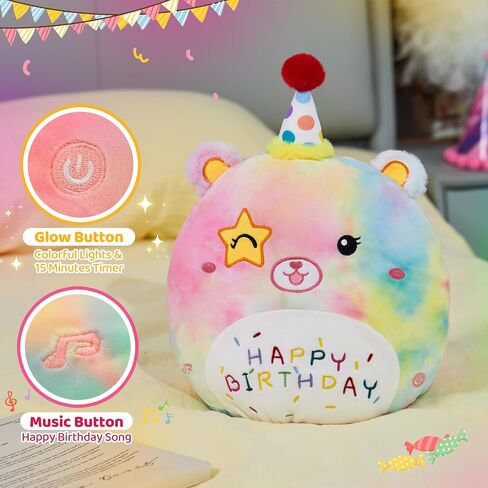 Athoinsu 16" Happy Birthday Bear Plush Pillow Cute Rainbow Stuffed Animal Soft Kawaii Birthday Plushie Star Wink Funny Pillows Home Room Decoration Gifts for Toddlers Kids Girls in Saudi Arabia