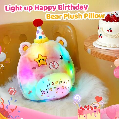 Athoinsu 16" Happy Birthday Bear Plush Pillow Cute Rainbow Stuffed Animal Soft Kawaii Birthday Plushie Star Wink Funny Pillows Home Room Decoration Gifts for Toddlers Kids Girls in Saudi Arabia