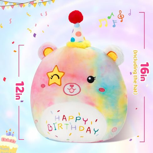 Athoinsu 16" Happy Birthday Bear Plush Pillow Cute Rainbow Stuffed Animal Soft Kawaii Birthday Plushie Star Wink Funny Pillows Home Room Decoration Gifts for Toddlers Kids Girls in Saudi Arabia