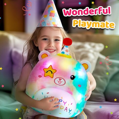 Athoinsu 16" Happy Birthday Bear Plush Pillow Cute Rainbow Stuffed Animal Soft Kawaii Birthday Plushie Star Wink Funny Pillows Home Room Decoration Gifts for Toddlers Kids Girls in Saudi Arabia