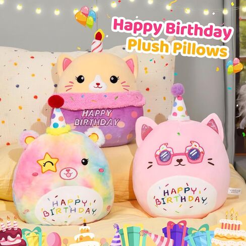 Athoinsu 16" Happy Birthday Bear Plush Pillow Cute Rainbow Stuffed Animal Soft Kawaii Birthday Plushie Star Wink Funny Pillows Home Room Decoration Gifts for Toddlers Kids Girls in Saudi Arabia