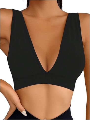 OYOANGLE Women's Deep V Neck Sports Bra Seamless High Support Workout Bras Low Back Fitness Yoga Bra in Saudi Arabia