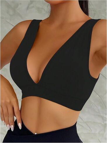 OYOANGLE Women's Deep V Neck Sports Bra Seamless High Support Workout Bras Low Back Fitness Yoga Bra in Saudi Arabia