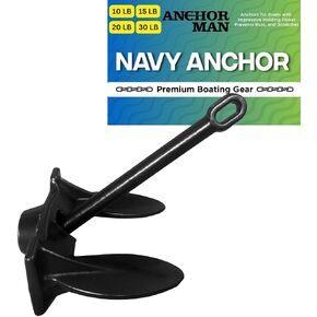 Anchor-Man Navy Anchor (10lb 15lb 20lb 30lb) – Black Vinyl Coated Naval Anchors for Boats with Impressive Holding Power - Prevents Rust, and Scratches