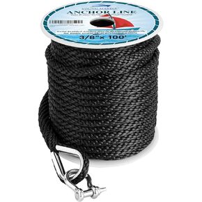 YOUNG MARINE Made 3/8 Inch 100FT 150FT Premium Solid Braid MFP Anchor Line Braided Anchor Rope/Line with Stainless Steel Thimble and Shackle, Grey (3/8" x 50')